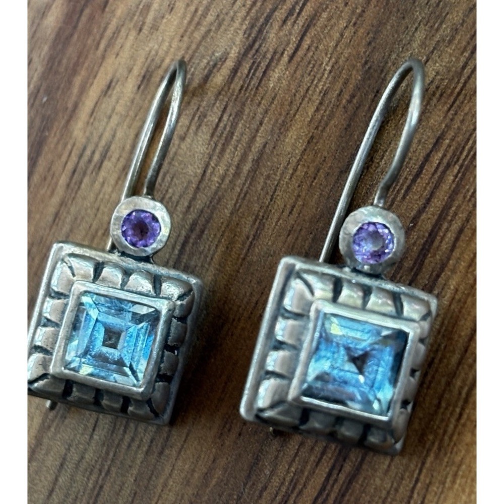 Vintage Blue Topaz Amethyst Sterling Silver Earrings